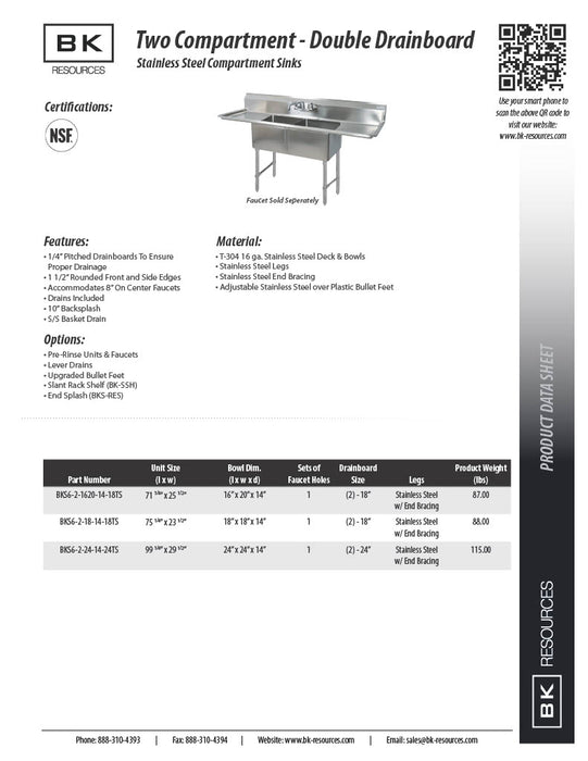 BK Resources Stainless Steel 2 Compartment Sink w/ 10" Riser & Drainboards – 24"L x 24"W x 14"D Bowls - Donut-Equipment.com
