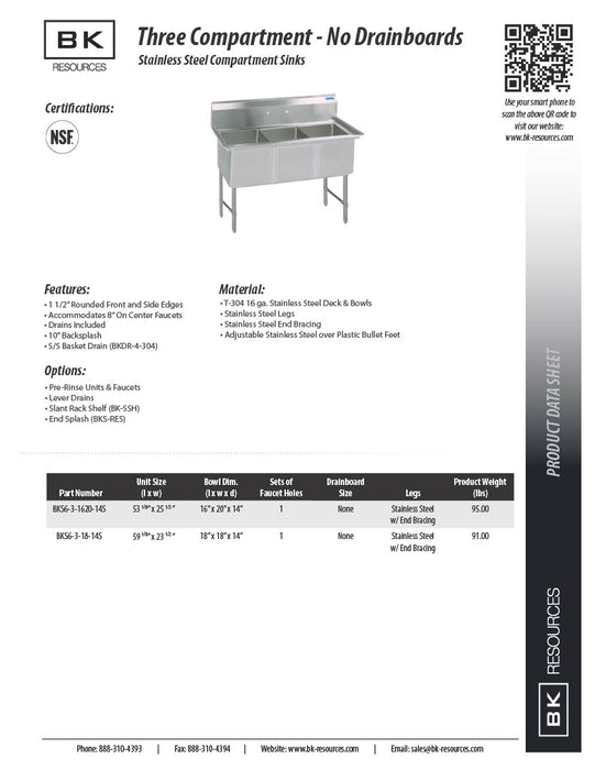 BK Resources Stainless Steel 3 Compartment Sink w/ 10" Riser – 20"L x 16"W x 14"D Bowls - Donut-Equipment.com