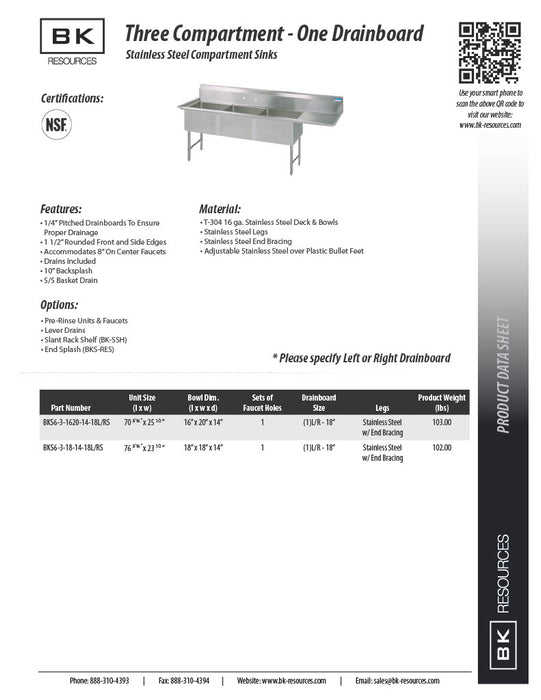 BK Resources Stainless Steel 3 Compartment Sink w/ 10" Riser & Right Drainboard – 20"L x 16"W x 14"D Bowls - Donut-Equipment.com