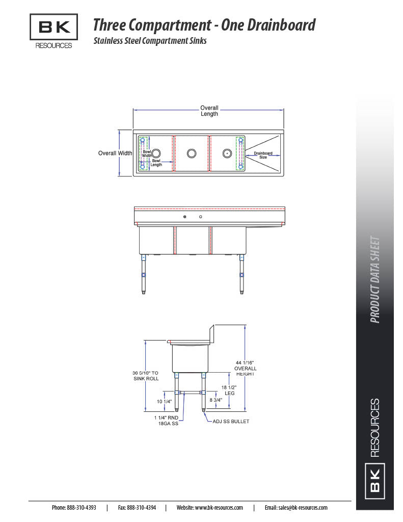 BK Resources Stainless Steel 3 Compartment Sink w/ 10" Riser & Right Drainboard – 18"L x 18"W x 14"D Bowls - Donut-Equipment.com