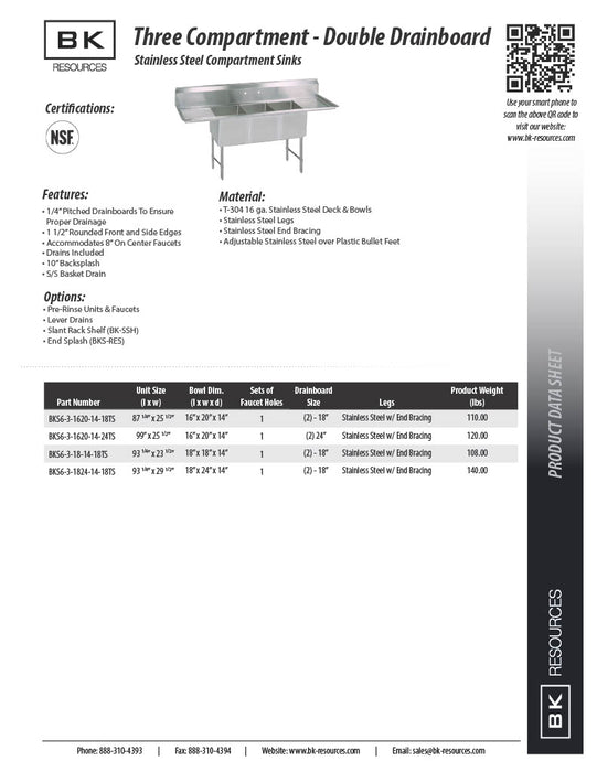 BK Resources Stainless Steel 3 Compartment Sink w/ 10" Riser & Drainboards – 18"L x 18"W x 14"D Bowls