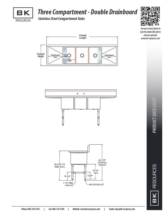 BK Resources Stainless Steel 3 Compartment Sink w/ 10" Riser & Drainboards – 18"L x 18"W x 14"D Bowls