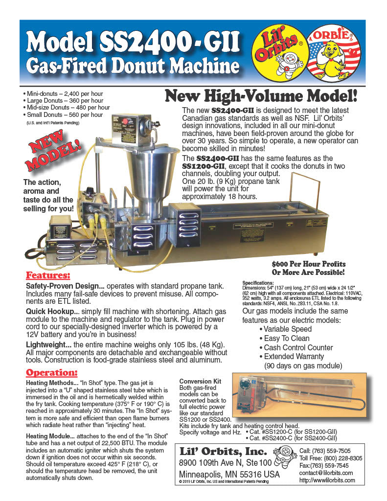 Lil Orbits Propane Model SS-2400 GSII with HP716S "Medium" Hopper 480 per Hour - Donut-Equipment.com