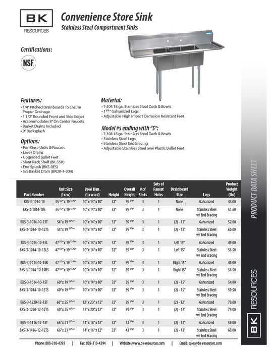 BK Resources Stainless Steel 3 Compartment Convenience Store Sink w/ Dual 12" Drainboards – 14"L x 10"W x 10"D Bowls - Donut-Equipment.com