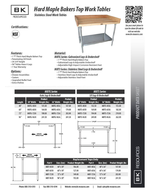 BK Resources Hard Maple Baker’s Top Work Table w/ Galvanized Undershelf, Oil Finish – 72" W x 36" D - Donut-Equipment.com