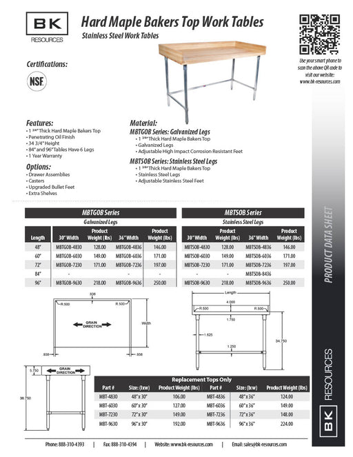 BK Resources Hard Maple Baker’s Top Work Table w/ Stainless Steel Open Base, Oil Finish – 72" L x 30" W - Donut-Equipment.com