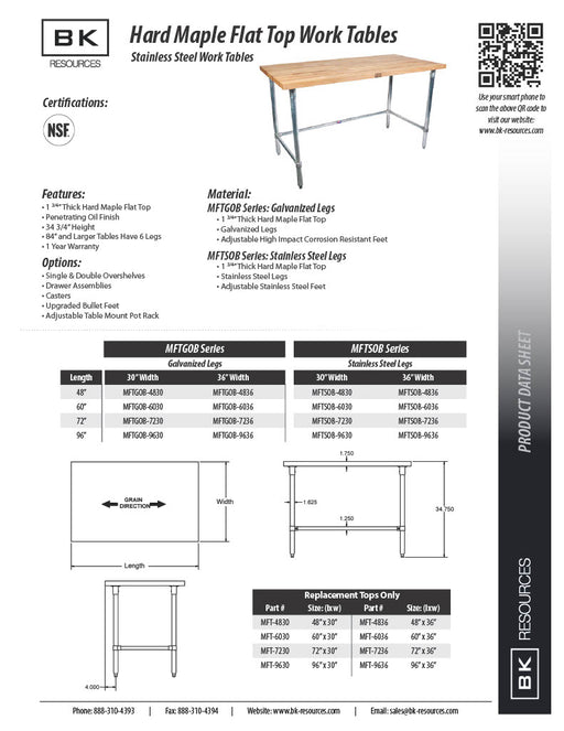 BK Resources Hard Maple Work Table w/ Open Base & Galvanized Legs, Oil Finish – 60" L x 30" W - Donut-Equipment.com