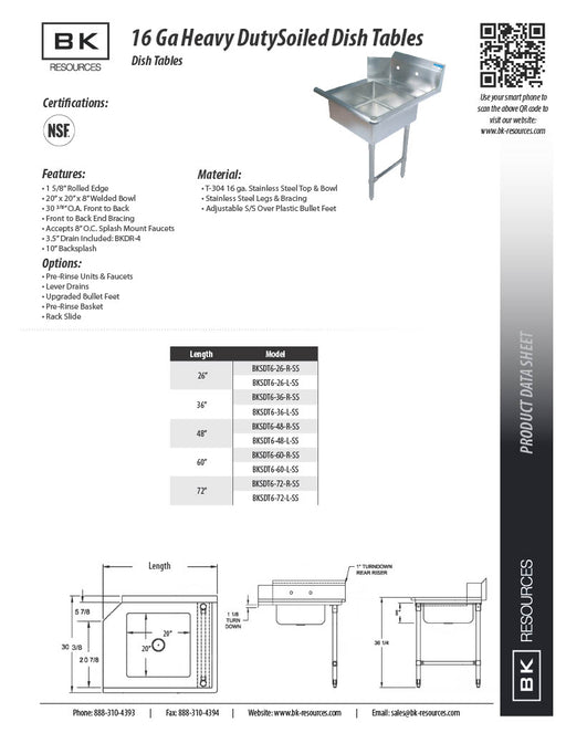 BK Resources 72" Left-Side Rinse Table Kit, 16-Gauge Stainless Steel - Donut-Equipment.com