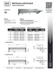 BK Resources 16" x 72" Stainless Steel T-430 18 Gauge Wall Shelf with Pot Rack - Donut-Equipment.com