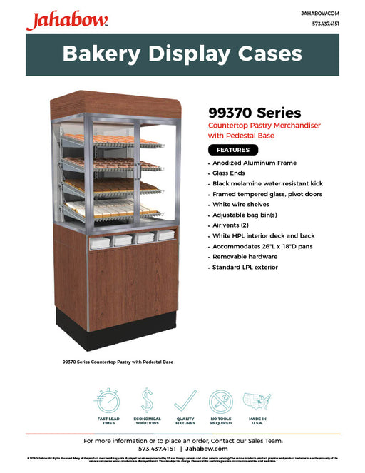 Jahabow 99370 Series 31"L x 24"D x 70"H Bakery Display Case with Pedestal Base – Aluminum, Tempered Glass, w/ 4 Shelves, Non-Refrigerated - Donut-Equipment.com