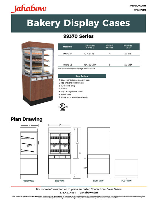 Jahabow 99370 Series 31"L x 24"D x 70"H Bakery Display Case with Pedestal Base – Aluminum, Tempered Glass, w/ 4 Shelves, Non-Refrigerated - Donut-Equipment.com
