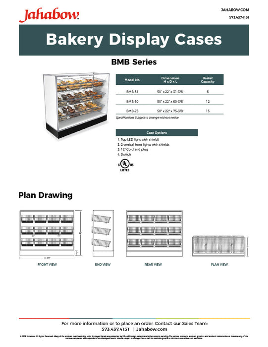 Jahabow BMB Series 31.375"L x 22"D x 50"H Bagel Merchandiser Display Case – Aluminum, Tempered Glass, w/ 3 Fixed Rows, Non-Refrigerated - Donut-Equipment.com
