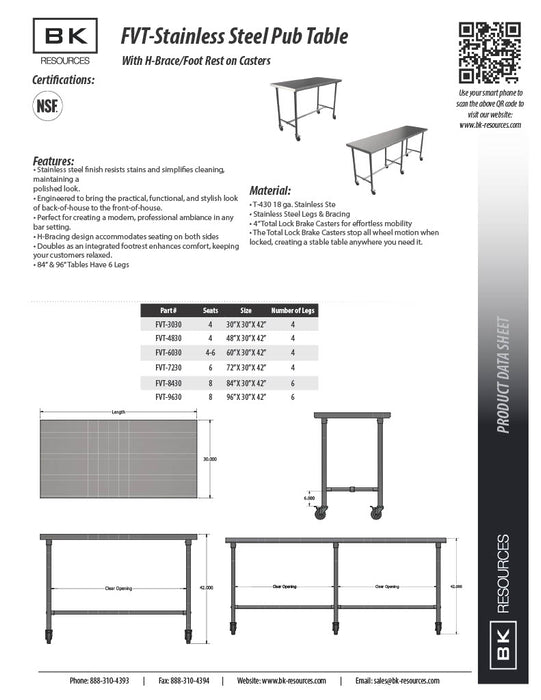 BK Resources 60" x 30" 16 Gauge Stainless Steel Pub Table with H-Brace & Foot Rest – Heavy-Duty • Mobile on Casters - Donut-Equipment.com