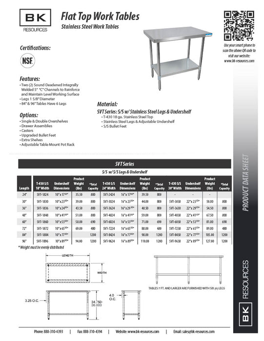 BK Resources 36" x 24" 18 Gauge Stainless Steel Work Table with Undershelf – Prep Table - Donut-Equipment.com