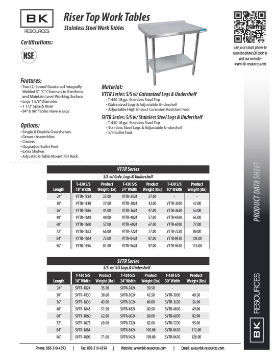 BK Resources 36" x 24" 18 Gauge Stainless Steel Work Table with Undershelf & 1.5" Riser – Prep Table - Donut-Equipment.com