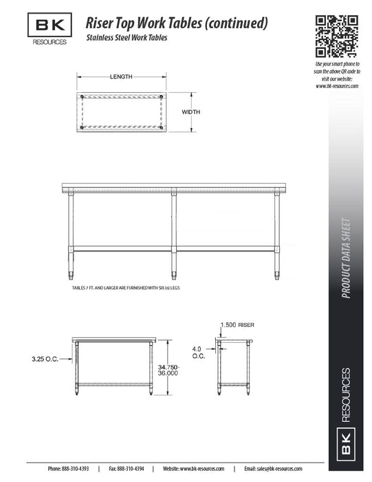 BK Resources 48" x 24" 18 Gauge Stainless Steel Work Table with Undershelf & 1.5" Riser – Prep Table - Donut-Equipment.com