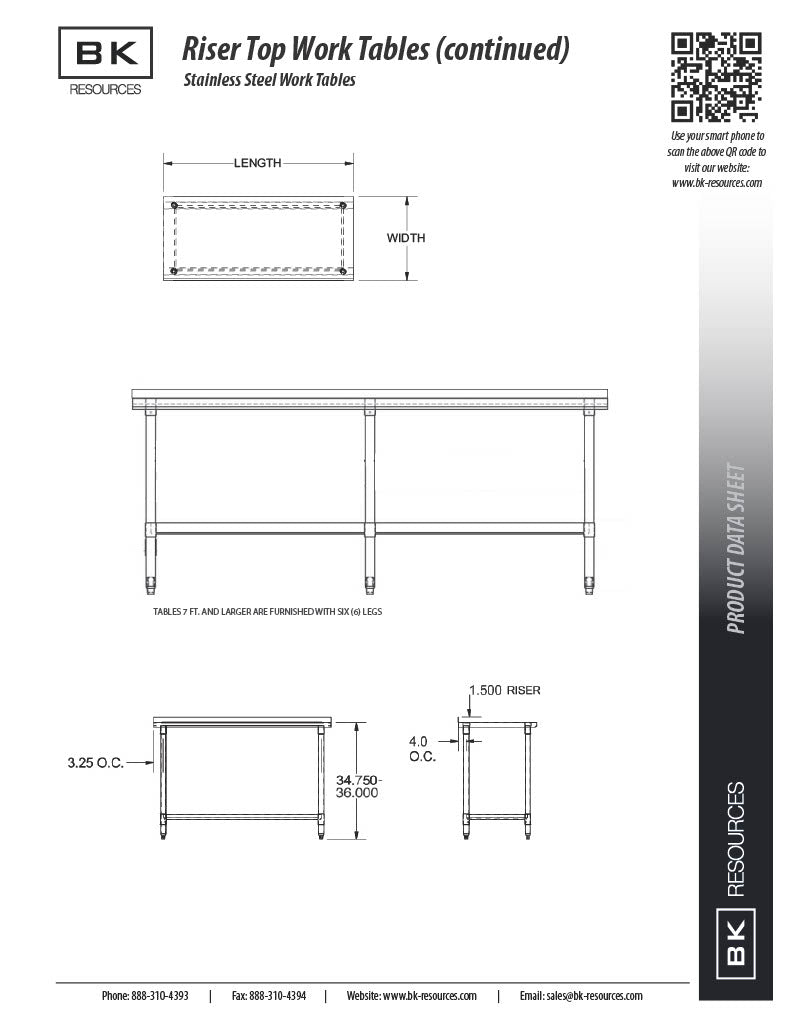 BK Resources 72" x 24" 18 Gauge Stainless Steel Work Table with Undershelf & 1.5" Riser – Prep Table - Donut-Equipment.com