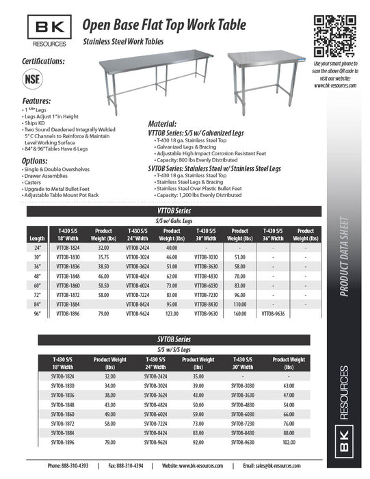 BK Resources 84" x 24" 18 Gauge Stainless Steel Work Table with Open Base – Prep Table - Donut-Equipment.com