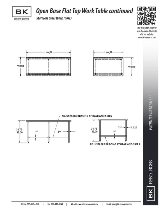 BK Resources 48" x 24" 18 Gauge Stainless Steel Work Table with Open Base – Prep Table - Donut-Equipment.com