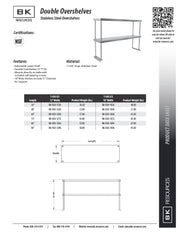 BK Resources 12" x 48" Double Overshelf – Table Mount with Adjustable Lower Shelf • 18 Gauge T-430 Stainless Steel - Donut-Equipment.com
