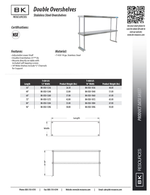 BK Resources 12" x 48" Double Overshelf – Table Mount with Adjustable Lower Shelf • 18 Gauge T-430 Stainless Steel - Donut-Equipment.com
