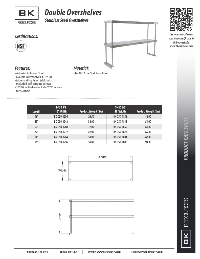 BK Resources 12" x 72" Double Overshelf – Table Mount with Adjustable Lower Shelf • 18 Gauge T-430 Stainless Steel - Donut-Equipment.com