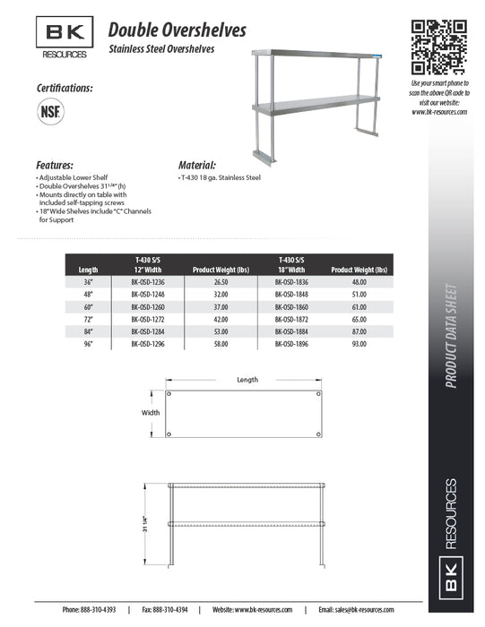 BK Resources 12" x 72" Double Overshelf – Table Mount with Adjustable Lower Shelf • 18 Gauge T-430 Stainless Steel - Donut-Equipment.com