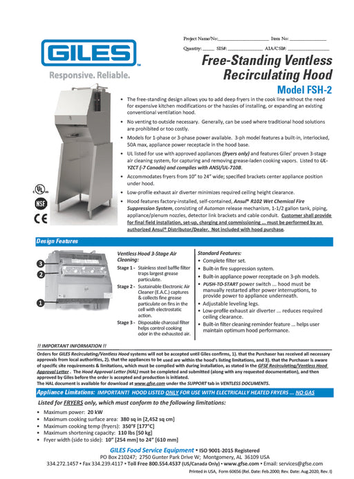 Giles FSH-2 Freestanding Ventless Recirculating Hood System for Electric Fryers up to 24-1/8" Wide, 3-Stage Filtration, 208-240V/60Hz/3PH, Application Power Receptacle, No Mounting Bracket - Donut-Equipment.com