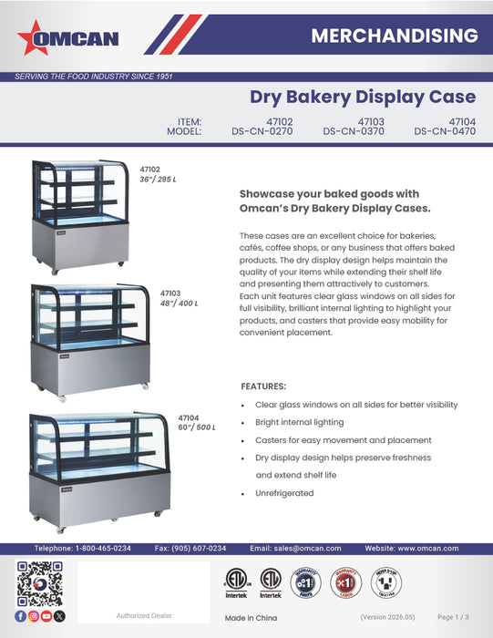 Omcan 48" Dry Bakery & Pastry Merchandiser Display Case with 2 Shelves with Curved Front Glass and Rear Sliding Doors With LED Lighting – 14.1 Cu. Ft. (400L)