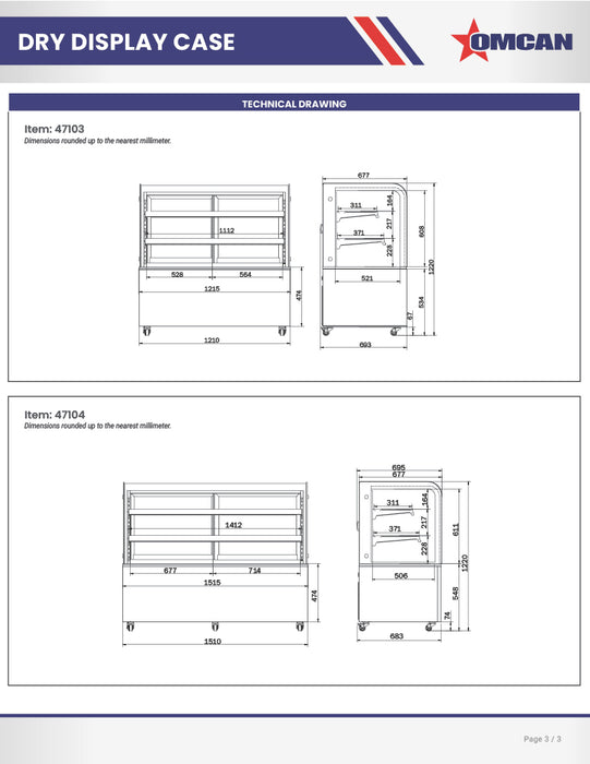Omcan 48" Dry Bakery & Pastry Merchandiser Display Case with 2 Shelves with Curved Front Glass and Rear Sliding Doors With LED Lighting – 14.1 Cu. Ft. (400L)
