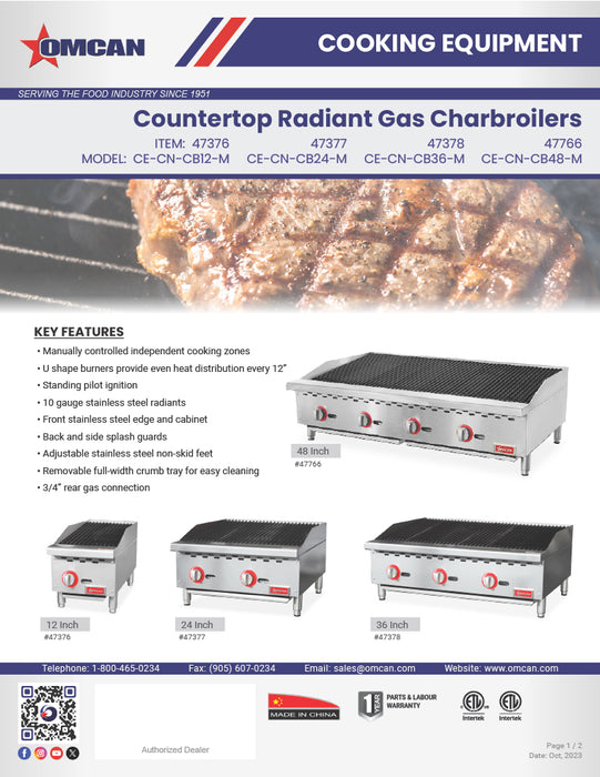 Omcan 12" Radiant Gas Charbroiler – 35,000 BTU Commercial Countertop Charbroiler with 1 Burner and Heavy-Duty Cast Iron Grates