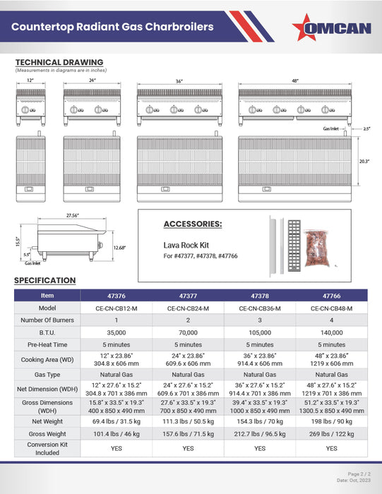 Omcan 24" Radiant Gas Charbroiler – 70,000 BTU Commercial Countertop Charbroiler with 2 Burners and Heavy-Duty Cast Iron Grates