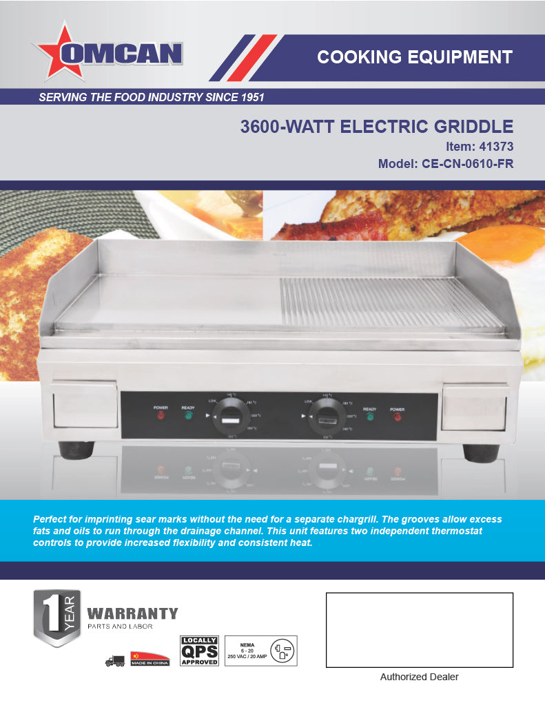 Omcan Stainless Steel Electric Griddle with Half-Smooth & Half-Ribbed Surface – 23.87" x 16" Commercial Countertop Griddle for Restaurants, Cafés & Foodservice Kitchens - Donut-Equipment.com