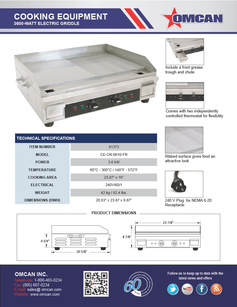 Omcan Stainless Steel Electric Griddle with Half-Smooth & Half-Ribbed Surface – 23.87" x 16" Commercial Countertop Griddle for Restaurants, Cafés & Foodservice Kitchens - Donut-Equipment.com