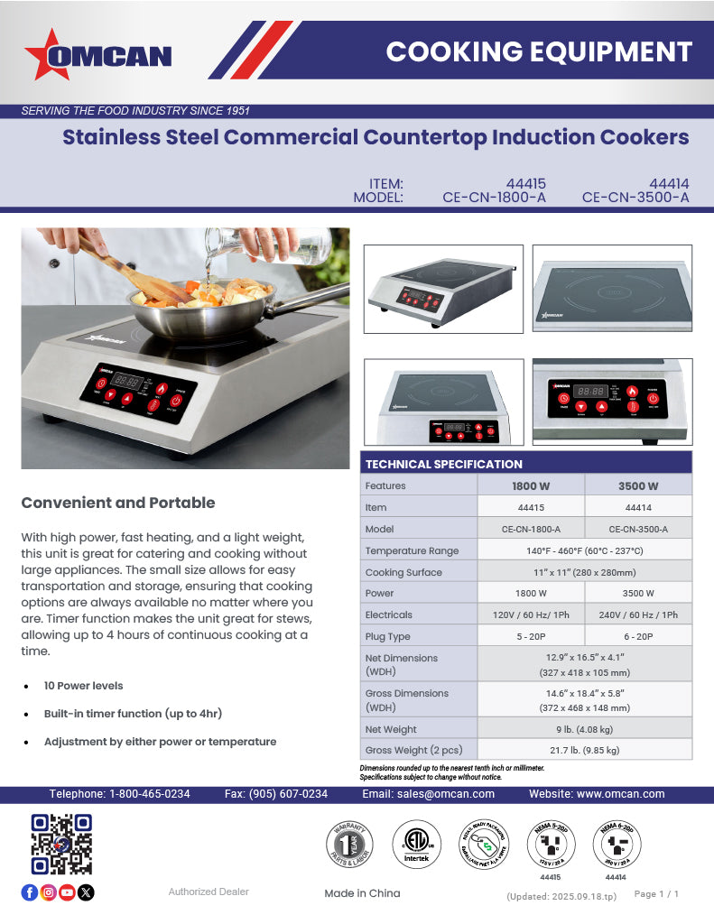 Omcan 1.8 kW Stainless Steel Commercial Countertop Induction Cooker – High-Efficiency Electric Induction Cooktop for Restaurants, Catering & Foodservice Kitchens - Donut-Equipment.com