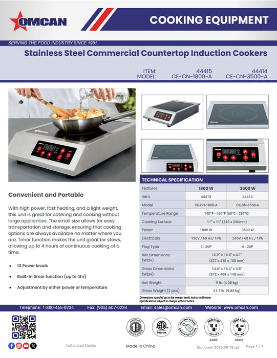 Omcan 3.5 kW Stainless Steel Commercial Countertop Induction Cooker – High-Power Electric Induction Cooktop for Restaurants, Catering & Foodservice Kitchens