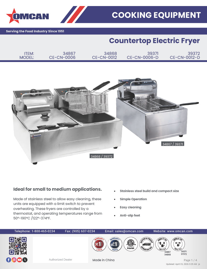 Omcan 12 lb Countertop Electric Fryer – 1350W, 110V Commercial Deep Fryer for Restaurants, Concession Stands & Foodservice Kitchens - Donut-Equipment.com