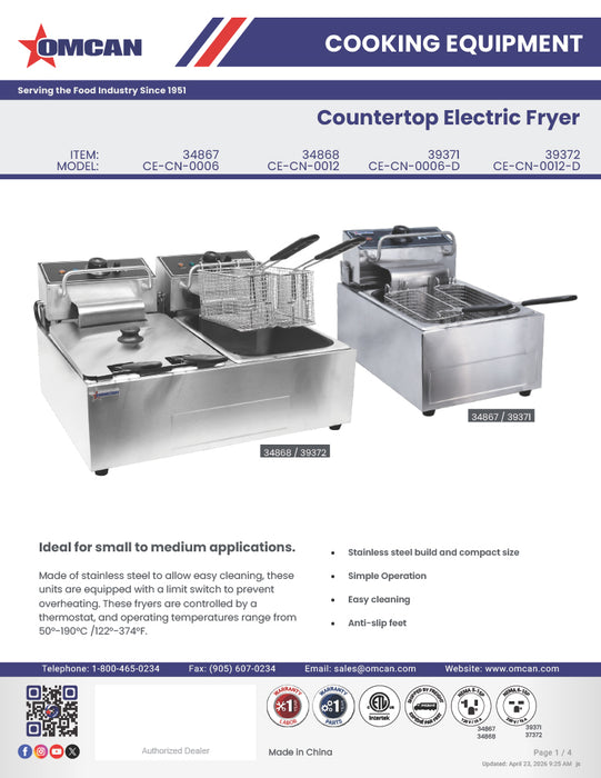 Omcan 12 lb Countertop Electric Fryer – 2500W, 220V Commercial Deep Fryer for Restaurants, Concession Stands & Foodservice Kitchens