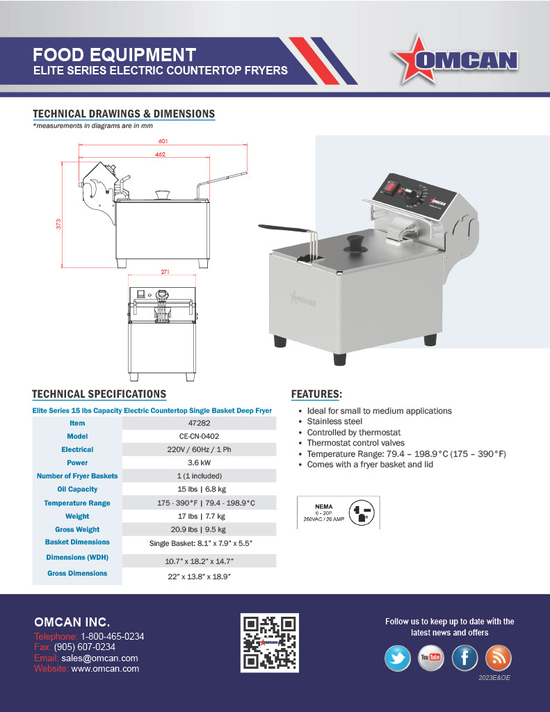 Omcan 10 lb Capacity Elite Series Electric Countertop Single Basket Deep Fryer – 1800W, 120V Commercial Deep Fryer for Restaurants, Concession Stands & Foodservice Kitchens - Donut-Equipment.com