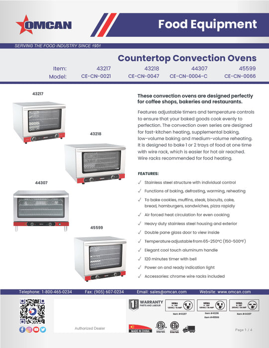 Omcan Half-Size Countertop Convection Oven with Manual Controls – 2.33 Cu. Ft. (66L), 4500W, 220V Commercial Baking Oven for Cafés, Bakeries & Foodservice Kitchens