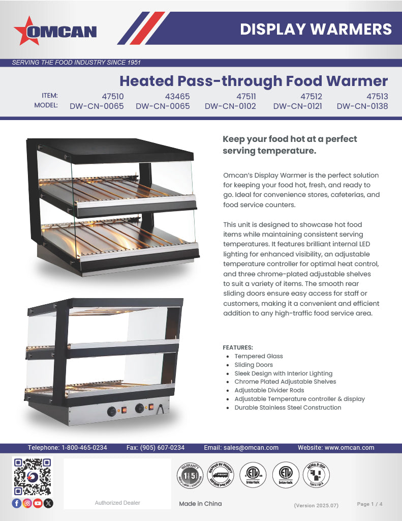 Omcan 44″ Heated Pass-Through Display Warmer Station – 4.27 Cu. Ft. (121L), 1800W, 110V Commercial Food Warmer Holding Cabinet