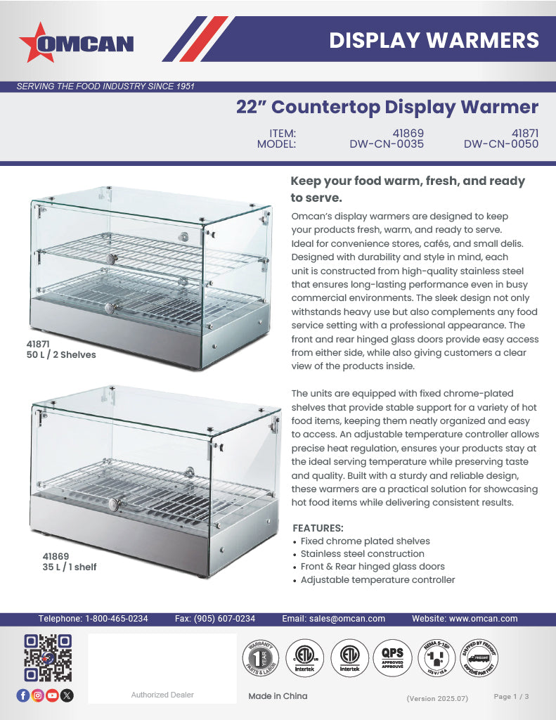Omcan 22″ Countertop Display Warmer with Square Glass Front – 1.2 Cu. Ft. (35L) Single-Shelf Self-Service & Full-Service Heated Merchandiser Display Case