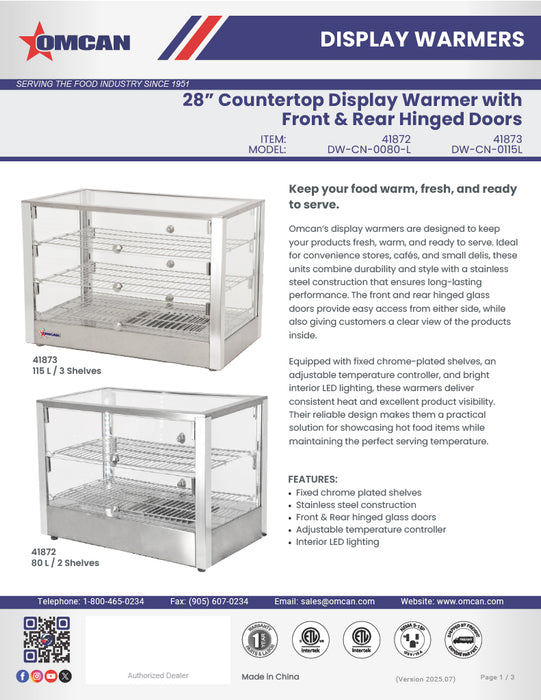 Omcan 28″ Countertop Display Warmer with Square Glass Front – 4 Cu. Ft. (115L), 3-Shelf, 3-Door Self/Full-Service Heated Merchandiser Display Case