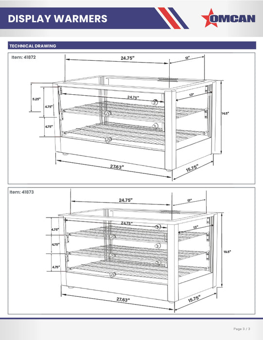 Omcan 28″ Countertop Display Warmer with Square Glass Front – 2.82 Cu. Ft. (80L) Two-Shelf Self-Service & Full-Service Heated Merchandiser Display Case