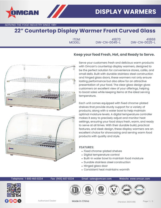 Omcan 22″ Countertop Display Warmer with Curved Glass Front – 1.59 Cu. Ft. (45L), 2-Shelf Full-Service Heated Merchandiser Display Case with Dual Rear Hinged Doors