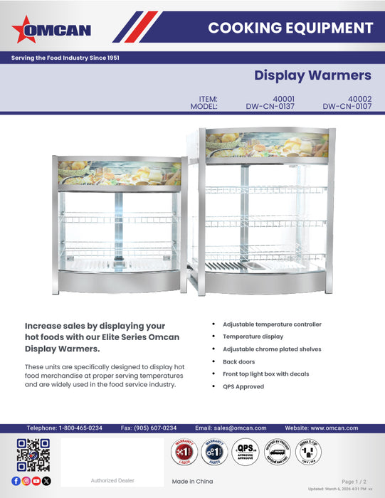 Omcan 26″ Countertop Display Warmer – 3.7 Cu. Ft. (107L), 2-Shelf Full-Service Heated Merchandiser Display Case with Rear Access Doors