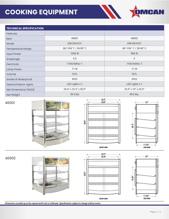 Omcan 26″ Countertop Display Warmer – 4.8 Cu. Ft. (137L), 3-Shelf Full-Service Heated Merchandiser Display Case with Rear Access Doors