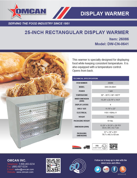 Omcan 25″ Countertop Display Warmer – 4-Shelf Full-Service Heated Merchandiser Display Case with Rear Access Doors