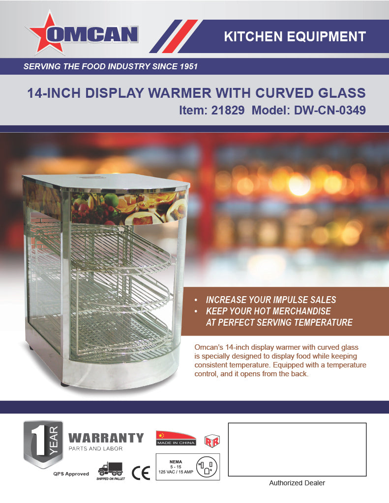 Omcan 14″ Countertop Display Warmer with Curved Glass Front – 3-Shelf Full-Service Heated Merchandiser Display Case, 0.85 kW