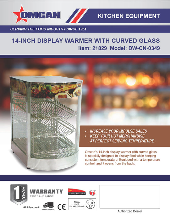 Omcan 14″ Countertop Display Warmer with Curved Glass Front – 3-Shelf Full-Service Heated Merchandiser Display Case, 0.85 kW